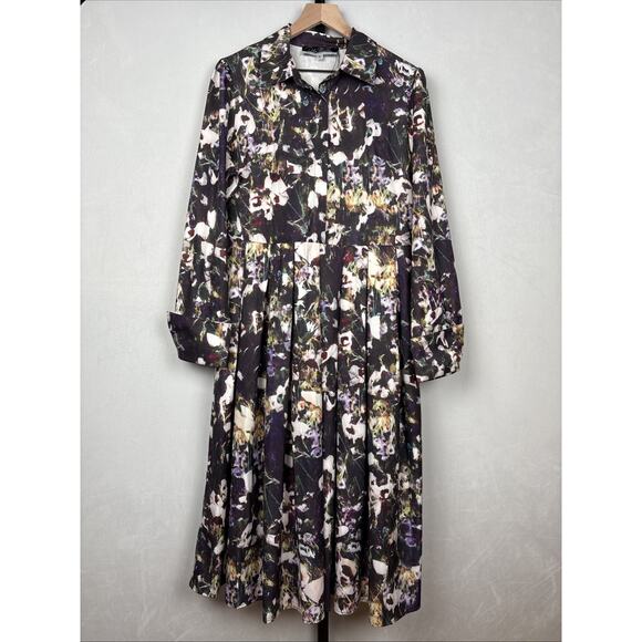Dalia MacPhee Long Sleeve Floral Dress L Black Collared Button Front Art to Wear - Picture 2 of 15